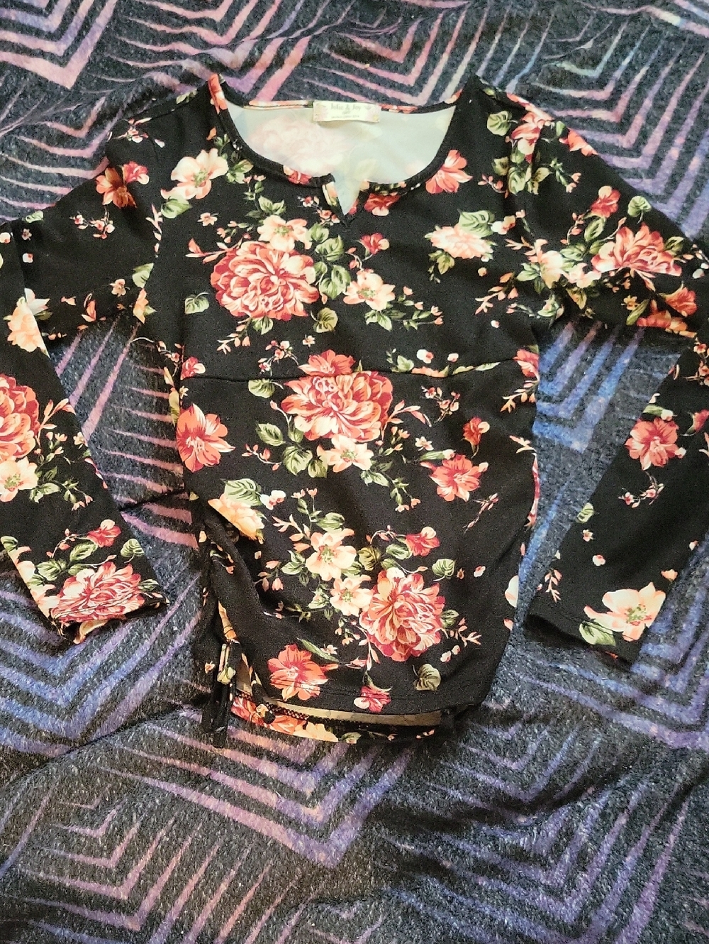 Black Floral Long Sleeve Top - Pink & Cream Roses